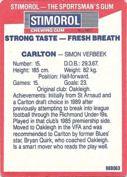 1990 AFL Scanlens Stimorol #87 Simon Verbeek Back